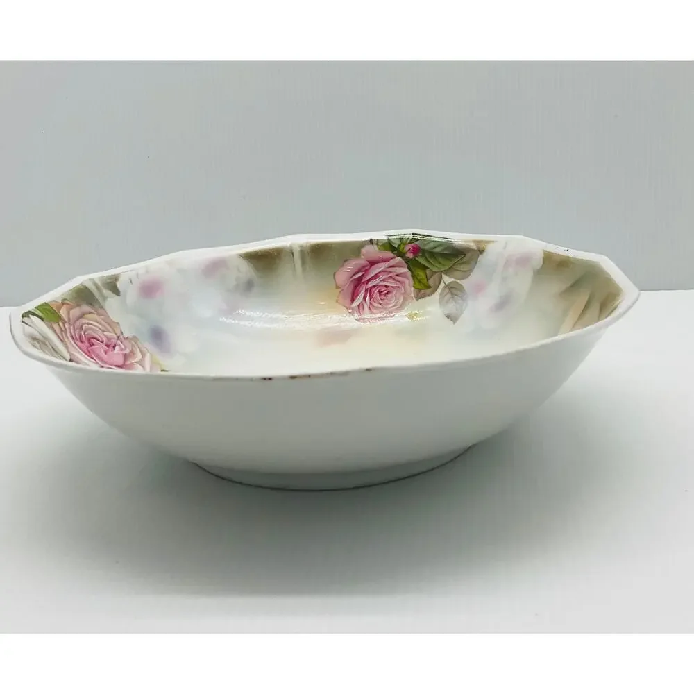 Antique Porcelain Serving Bowl Pink White Roses Scalloped Hand Painted